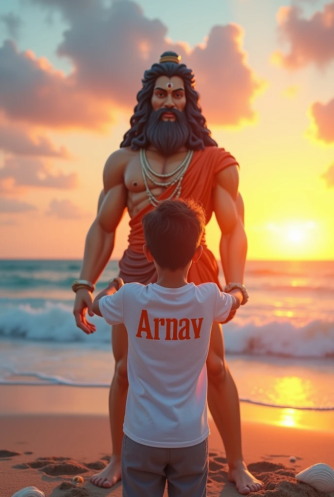 Sea vivew a boy wear a whit t-shirt name " ARNAV" Bold font big name hug with lord hanuman
