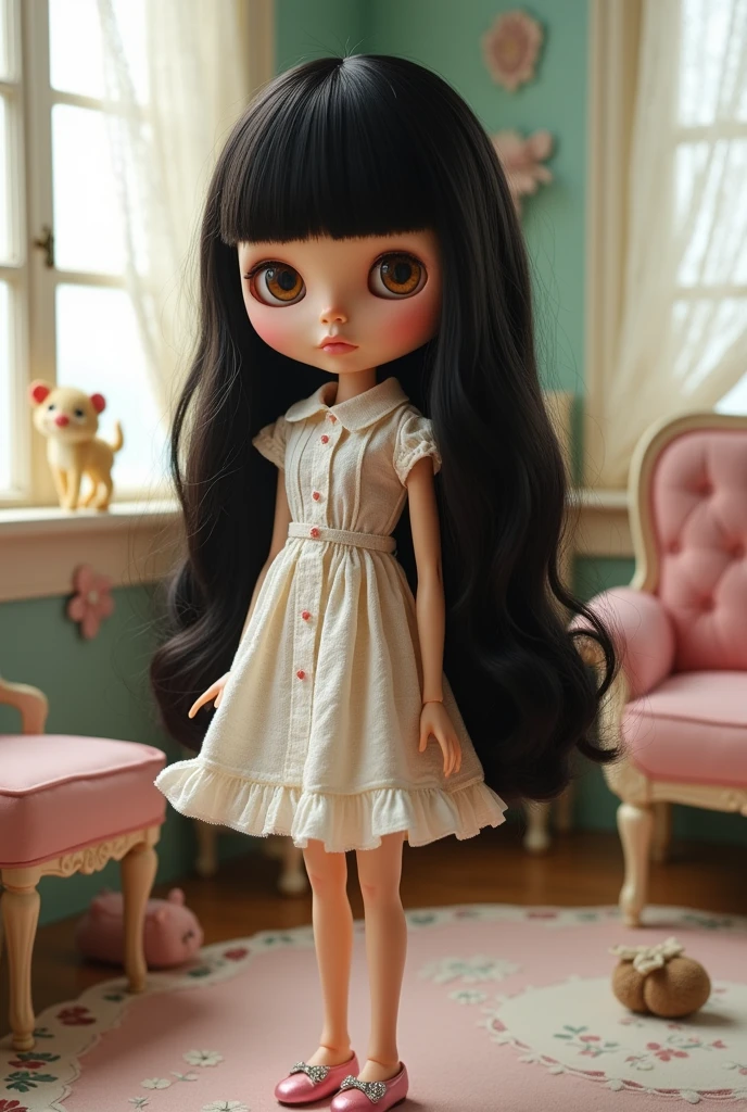 Make a Blythe doll with long black hair, no bangs, and brown eyes.