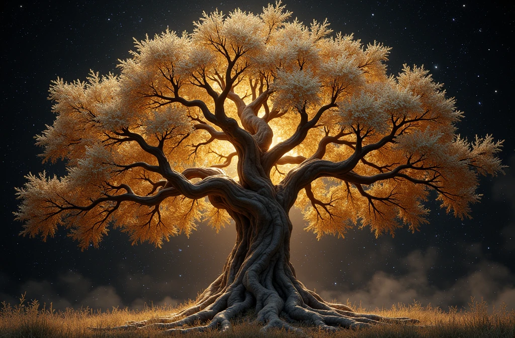a close-up of a tree with a black background and a golden tree, golden sacred tree, the tree of Life, tree of Life, cosmic tree of life, ancient tree, Fantasy Tree, rich tree, highly detailed fine art, complex organic painting, highly detailed painting, the world tree, tree of Life seed of doubt, cosmic tree, magic tree