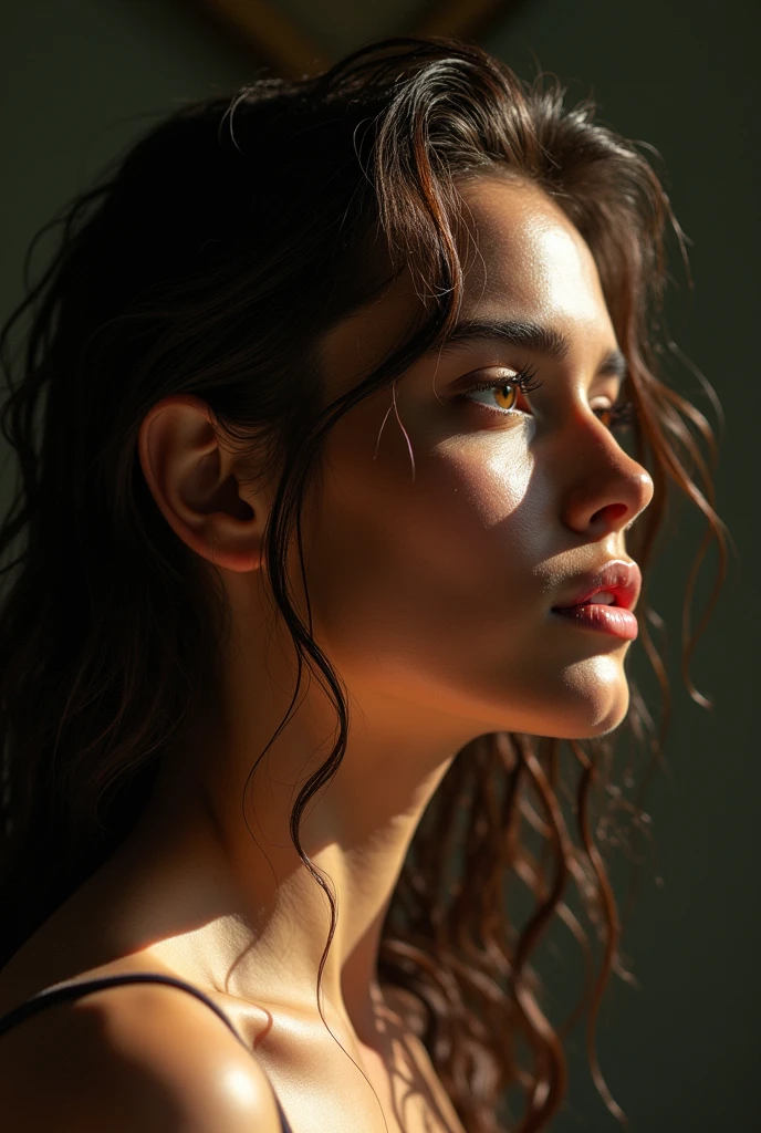 Isabela Merced, portrait photo, (((profile view))), close-up of face, wet hair, (skin texture:1.1), (high detail face:1.1),high detail body, high detail clothes, (masterpiece), (realistic), ultra high definition, 4k, ultra high resolution, film grain, cinematic lighting, rim lighting, photo by Arny Freytag, RAW image