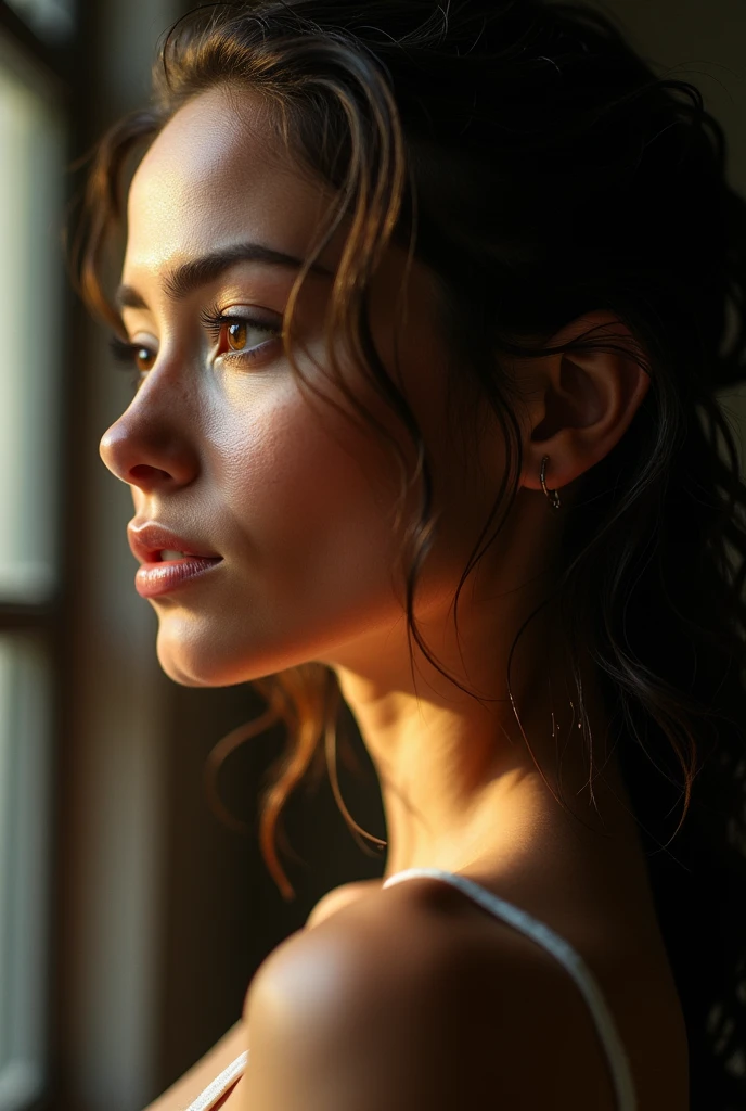 Isabela Merced, portrait photo, (((profile view))), close-up of face, wet hair, (skin texture:1.1), (high detail face:1.1),high detail body, high detail clothes, (masterpiece), (realistic), ultra high definition, 4k, ultra high resolution, film grain, cinematic lighting, rim lighting, photo by Arny Freytag, RAW image