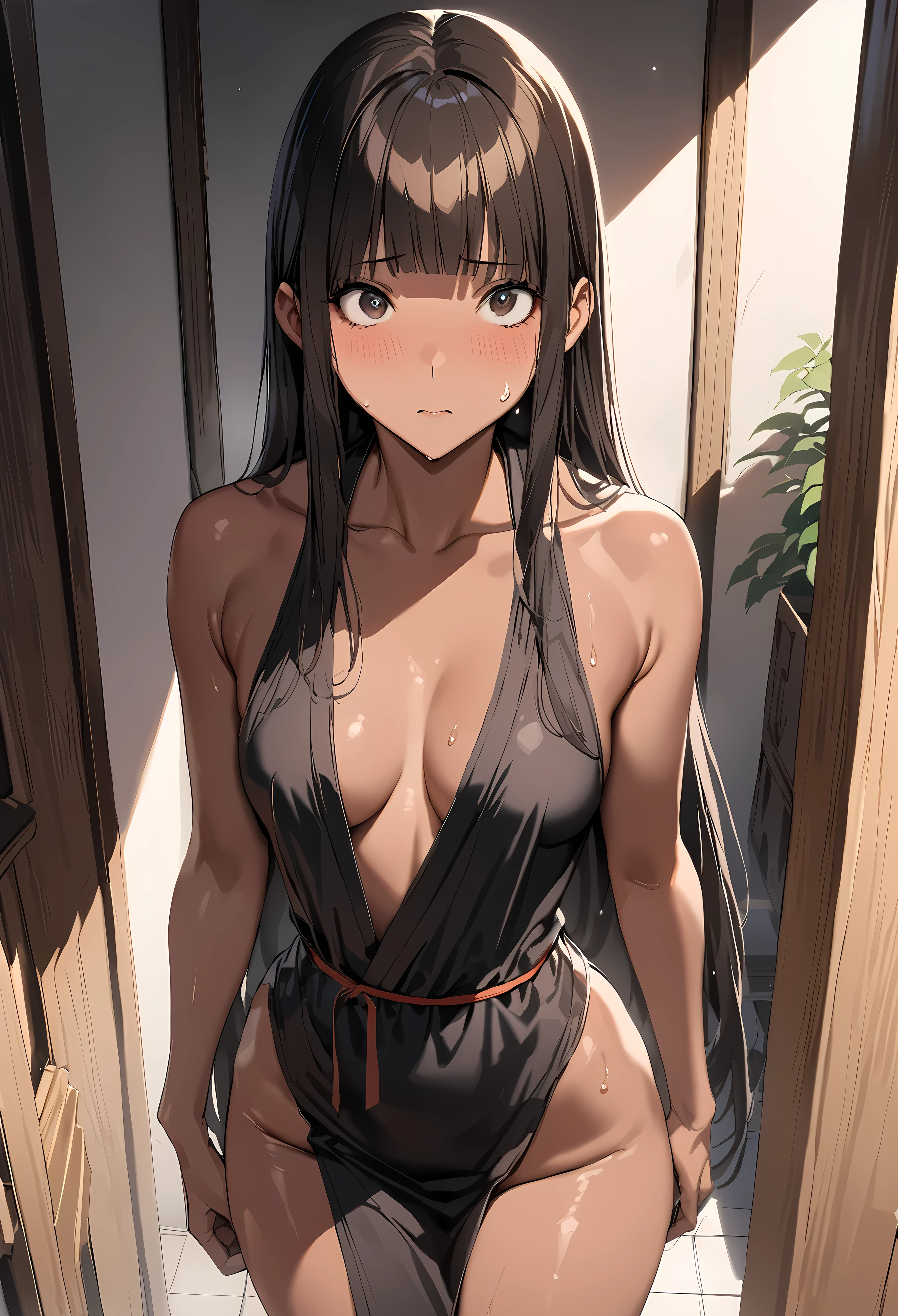 ((masterpiece,best quality anime,Highest quality:1.3)),realistic,cowboy shot,(25 year old beauty),Female Ninja,1woman,solo,((very small head:1.4)),((very long body:1.3)),black hair,bangs,straight long hair,gorgeous big eyes,black eyes,shy,((tan skin:1.4)),((slender body:1.3,skinny)),Ninja costumes、((Black kimono)),No sleeve,Black mini skirt,medium breasts,sweat,gleaming skin,shiny skin,temple、Domestic、