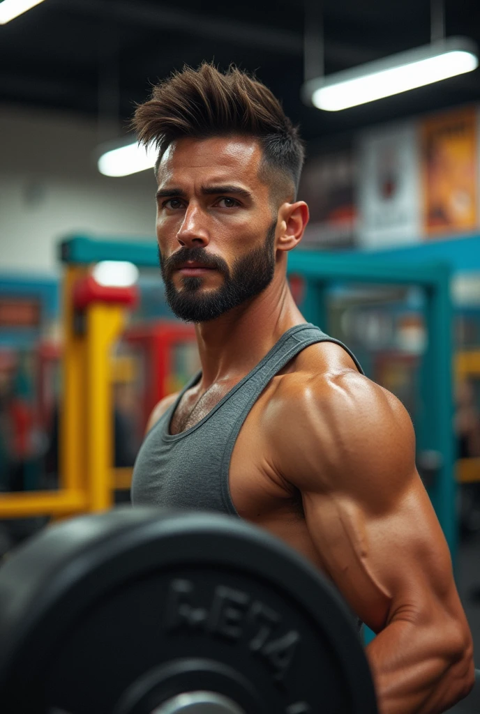 White man , sem beard, with defined jaw, eyes browns, trains at the gym, with black and brown hair named Carlos Eduardo