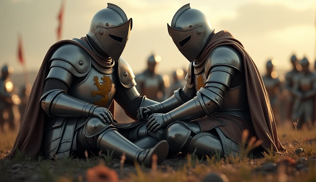 Anime young male in knight armor sat down in the grass with a metal helm and barefoot