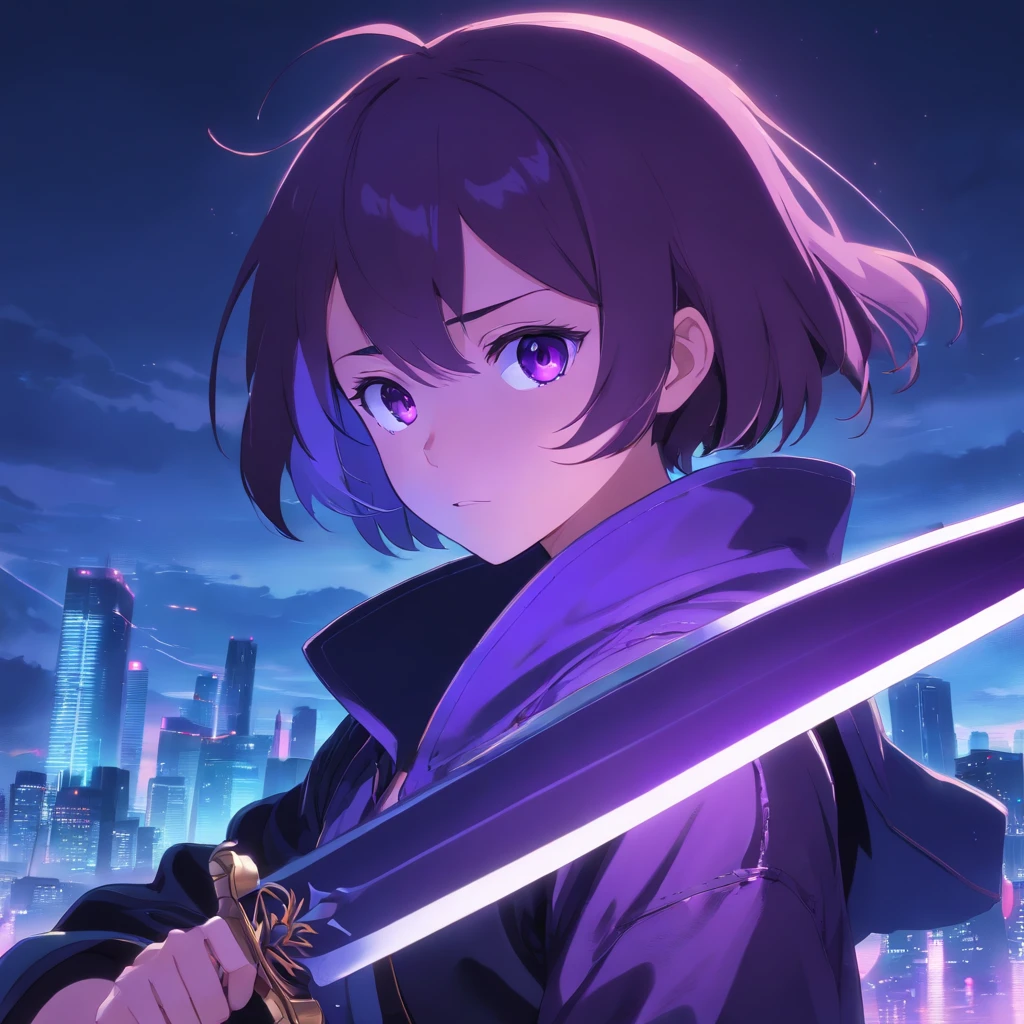 Create a 2D anime style image 2D anime style animation:A long sword with a 6-centimeter long blade as black as night, reflecting only a purple light that runs along its edges. The cursed purple lines glow brightly when the sword is wielded, as if the darkness itself were manifesting itself. The handle is wrapped in black leather, with a skull-shaped guardian, whose eyes glow with an evil purple light