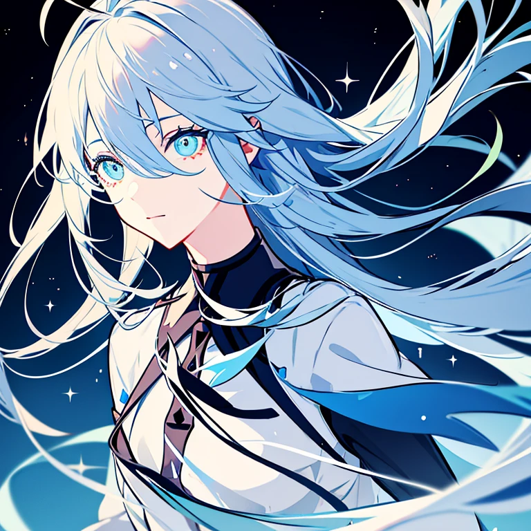 VTuber Illustration、High resolution、create、whole body,Gray Hair,Neutral Facial Features,cute,Clever boy,Bangs between the eyes, Stars in the Sky, Light blue eyes, Gradient colored eyes, Gradient eyes, Long eyelashes, Sparkling eyes, Ahoge, Cinematic light effects, Bright Eyes, Sparkling eyes, Glowing Eyes, Black clothes,Dark Places,Walking on water