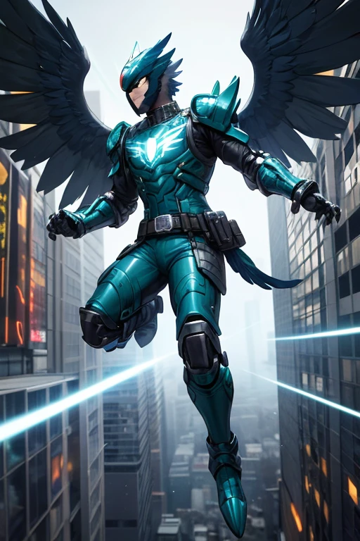 ((best quality)), ((masterpiece)), (detailed), 1 male, full body, 25 years old, blue head, uncovered mouth, blue biker helmet, black collar, tall, thin, black details, a green parrot with a blue head on his side, metallic wings, wings on his suit, blue fingerless gloves, blue wrist guards, luminous blue wings that shoot lasers, blue suit resembling light armor, blue suit with an emblem, completely green chest, emblem on his chest, green pants, deployable bird tail, metallic feathers, gray knee pads, metallic gray boots, metallic bird claws, black superhero belt, flying through the city, midday city background, anime