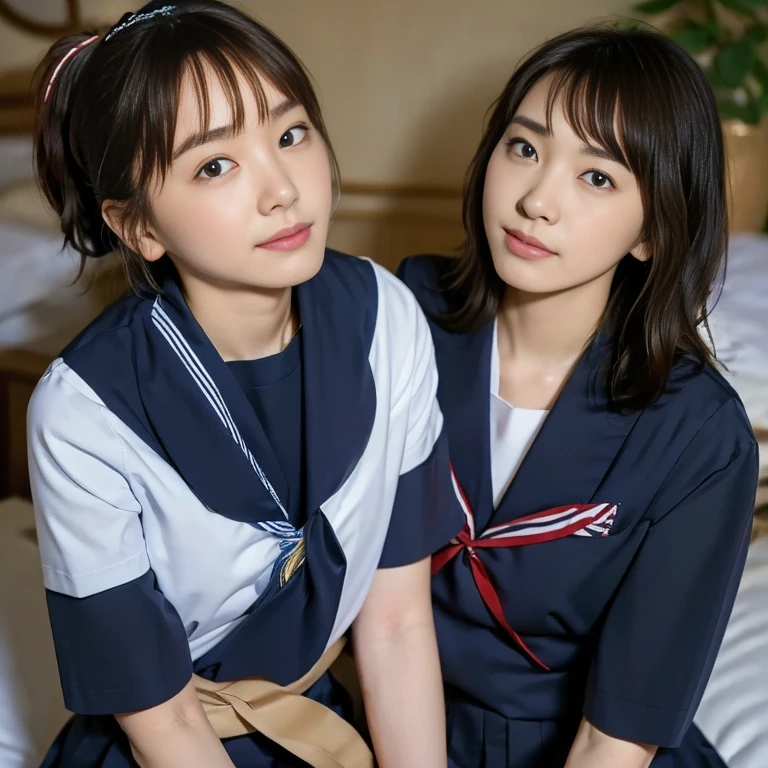 (Masterpiece, Best quality:1.4), (Ultra realistic, Photo-realistic:1.2), Natural light, 25 years old actress, Japanese women, Neat and clean, (school uniform, sailor suit, short sleeve suit:1.2), (traditional Japanese style with white and navy blue colors, detailed red ribbon and navy blue pleated skirt:1.1), (Ponytail:1.2), Short wavy hair, Light brown hair color, (Beautiful Faces), Oval face, clear, (Beautiful eyes, Kind eyes), (Clear skin), Small face, (Small mouth), (Beautiful mouth), Natural makeup, Approachable, Luxury hotel Suite room, On bed, Seductive smile, (Seductive pose:1.2), (Beautiful thighs:1.1), (Bedroom eyes), (nsfw:1.1), (lesbian couple:1.1), (petting together:1.2), obscene reality of girls, (crotch rub:1.1),