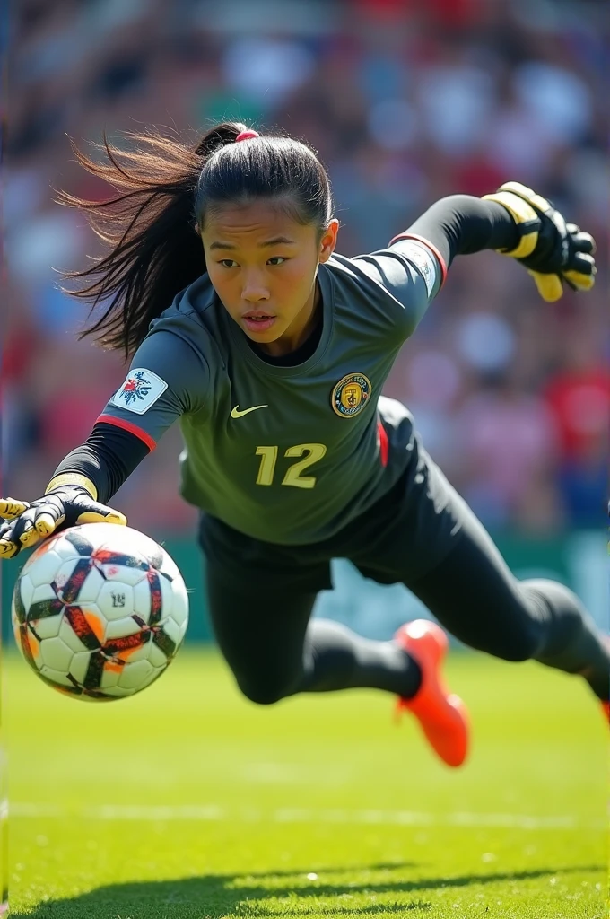 Goalkeeper with straight, long and black hair wearing a gray jersey number 12 and black pants and gloves catching a ball