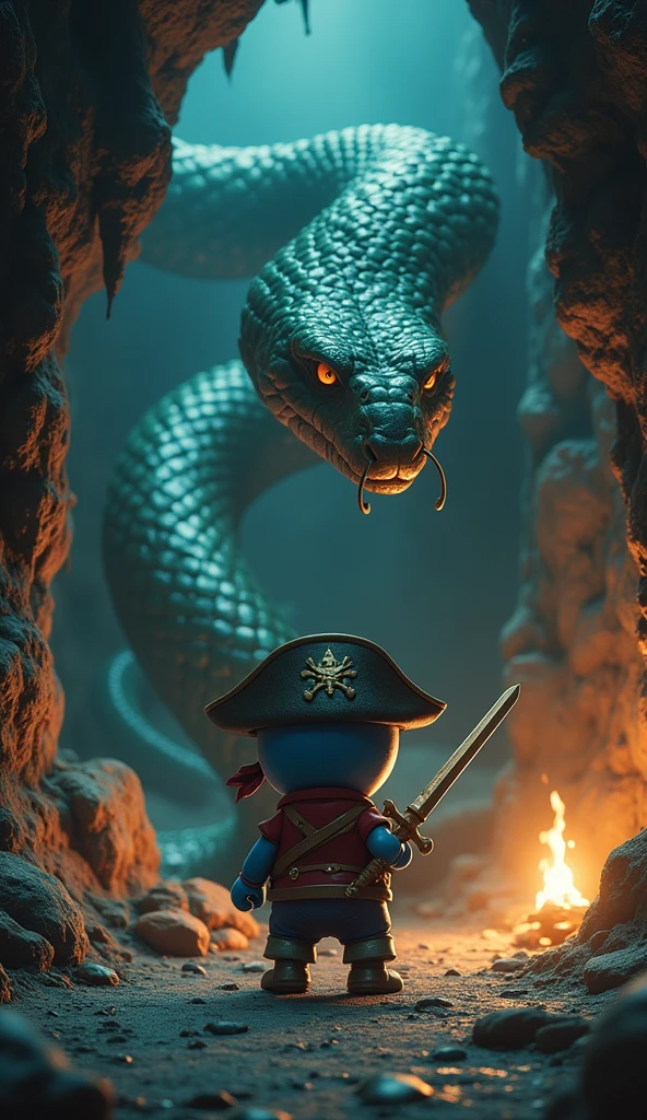 Image of captain doraemon wearing pirate costume , Inside the cave, Doraemon wielded his sword to defeat the giant snake.  .Sharp 4k 3d images 