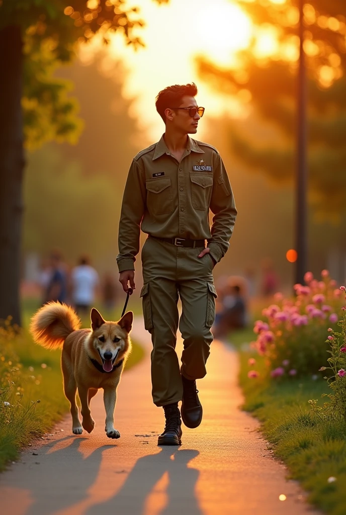 I want an image of a young, thin, military man with no beard and black hair wearing sunglasses going to work with his tan dog through a park. 