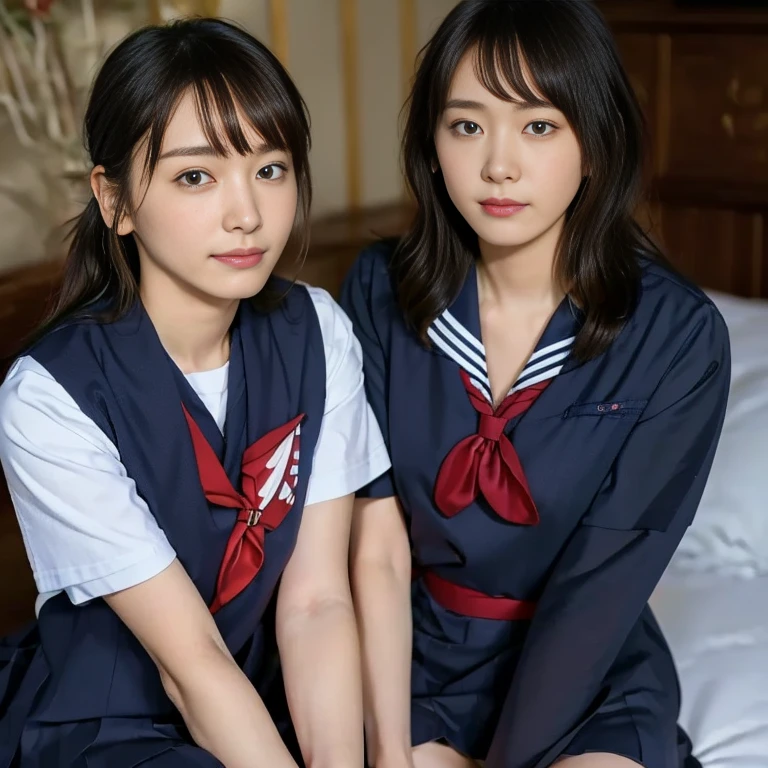(Masterpiece, Best quality:1.4), (Ultra realistic, Photo-realistic:1.2), Natural light, 25 years old actress, Japanese women, Neat and clean, (school uniform, sailor suit, short sleeve suit:1.2), (traditional Japanese style with white and navy blue colors, detailed red ribbon and navy blue pleated skirt:1.1), (Ponytail:1.2), Short wavy hair, Light brown hair color, (Beautiful Faces), Oval face, clear, (Beautiful eyes, Kind eyes), (Clear skin), Small face, (Small mouth), (Beautiful mouth), Natural makeup, Approachable, Luxury hotel Suite room, On bed, Seductive smile, (Seductive pose:1.2), (Beautiful thighs:1.1), (Bedroom eyes), (????:1.1), (lesbian couple:1.1), (petting together:1.2), ??????? reality of girls, (?????? rub:1.1),