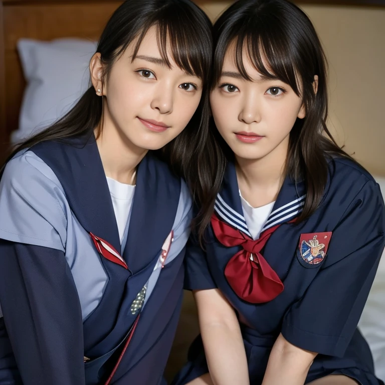 (Masterpiece, Best quality:1.4), (Ultra realistic, Photo-realistic:1.2), Natural light, 25 years old actress, Japanese women, Neat and clean, (school uniform, sailor suit, short sleeve suit:1.2), (traditional Japanese style with white and navy blue colors, detailed red ribbon and navy blue pleated skirt:1.1), (Ponytail:1.2), Short wavy hair, Light brown hair color, (Beautiful Faces), Oval face, clear, (Beautiful eyes, Kind eyes), (Clear skin), Small face, (Small mouth), (Beautiful mouth), Natural makeup, Approachable, Luxury hotel Suite room, On bed, Seductive smile, (Seductive pose:1.2), (Beautiful thighs:1.1), (Bedroom eyes), (nsfw:1.1), (lesbian couple:1.1), (petting together:1.2), obscene reality of girls, (crotch rub:1.1),