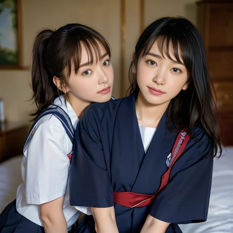 (Masterpiece, Best quality:1.4), (Ultra realistic, Photo-realistic:1.2), Natural light, 25 years old actress, Japanese women, Neat and clean, (school uniform, sailor suit, short sleeve suit:1.2), (traditional Japanese style with white and navy blue colors, detailed red ribbon and navy blue pleated skirt:1.1), (Ponytail:1.2), Short wavy hair, Light brown hair color, (Beautiful Faces), Oval face, clear, (Beautiful eyes, Kind eyes), (Clear skin), Small face, (Small mouth), (Beautiful mouth), Natural makeup, Approachable, Luxury hotel Suite room, On bed, Seductive smile, (Seductive pose:1.2), (Beautiful thighs:1.1), (Bedroom eyes), (nsfw:1.1), (lesbian couple:1.1), (petting together:1.2), obscene reality of girls, (crotch rub:1.1),