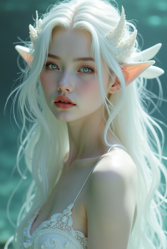 A mermaid with skin as pale as Chinese porcelain and long, wavy hair like pure silver, with eyes as white as pearls and medium, fleshy, reddish lips.. She has pearly white scales on the side of her face and fins instead of ears.. Focusing only on the woman's face as described.