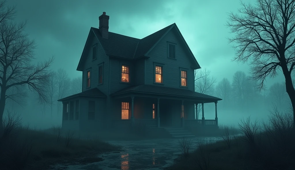 broken windows, and a slightly ajar front door. The sky is overcast, adding to the gloomy atmosphere, while a thick fog envelops the surroundings.
 ( animasi, cartoon, light effect, lighting is smooth, in 3d animation )
