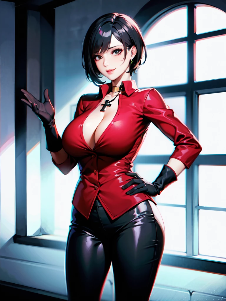 （（super high quality,Ultra-high resolution,4K,8k,super masterpiece,Ultra HD））By the window in the morning sun, （（A sexy mature woman,））,（（popped collar Red shirts,（Sleeves folded back to the elbow,（Black long gloves））,Black pants with a glossy finish,Black long boots）,Tight collar,）Black hair straight short,Sharp Eyes,Open chest,Cleavage,slouch,Place one hand on hip,Provocative smile,Necklace with a cross,sexy,