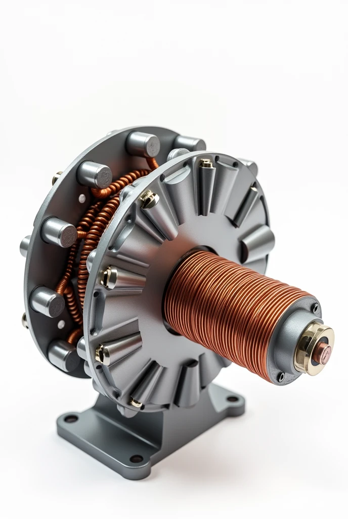 Project Description:

Create highly detailed and realistic illustrations of the generator components: the rotor and the copper coil. Ensure that all materials and assembly details are accurately depicted.

Rotor Image Details:

Shape: Circular disk.
Material: Plastic or wood.
Dimensions: 10 cm in diameter.
Center: Show a central hole for the axis.
Magnets: Evenly spaced neodymium magnets (10 mm diameter x 5 mm thickness) around the edge of the disk.
Axis: Indicate the axis (PVC or metal tube) passing through the central hole.
Copper Coil Image Details:

Shape: Cylindrical coil.
Material: Enamel-coated copper wire.
Dimensions: Approximately 2 meters of wire, 200-300 turns.
Details: Show the coil wrapped around a cylindrical object (e.g., a plastic tube).
Wire Ends: Exposed wire ends for electrical connections, with clear labeling of positive (+) and negative (-) terminals.
Mounting: Illustrate how the coil is mounted on a base or support near the rotor.
Visual Details:

Colors: Use realistic colors for materials: metallic gray or silver for the rotor, bright copper for the wire, and clear or white for plastic components.
Technical Accuracy: Ensure the images accurately represent how the components are assembled and interact with each other.