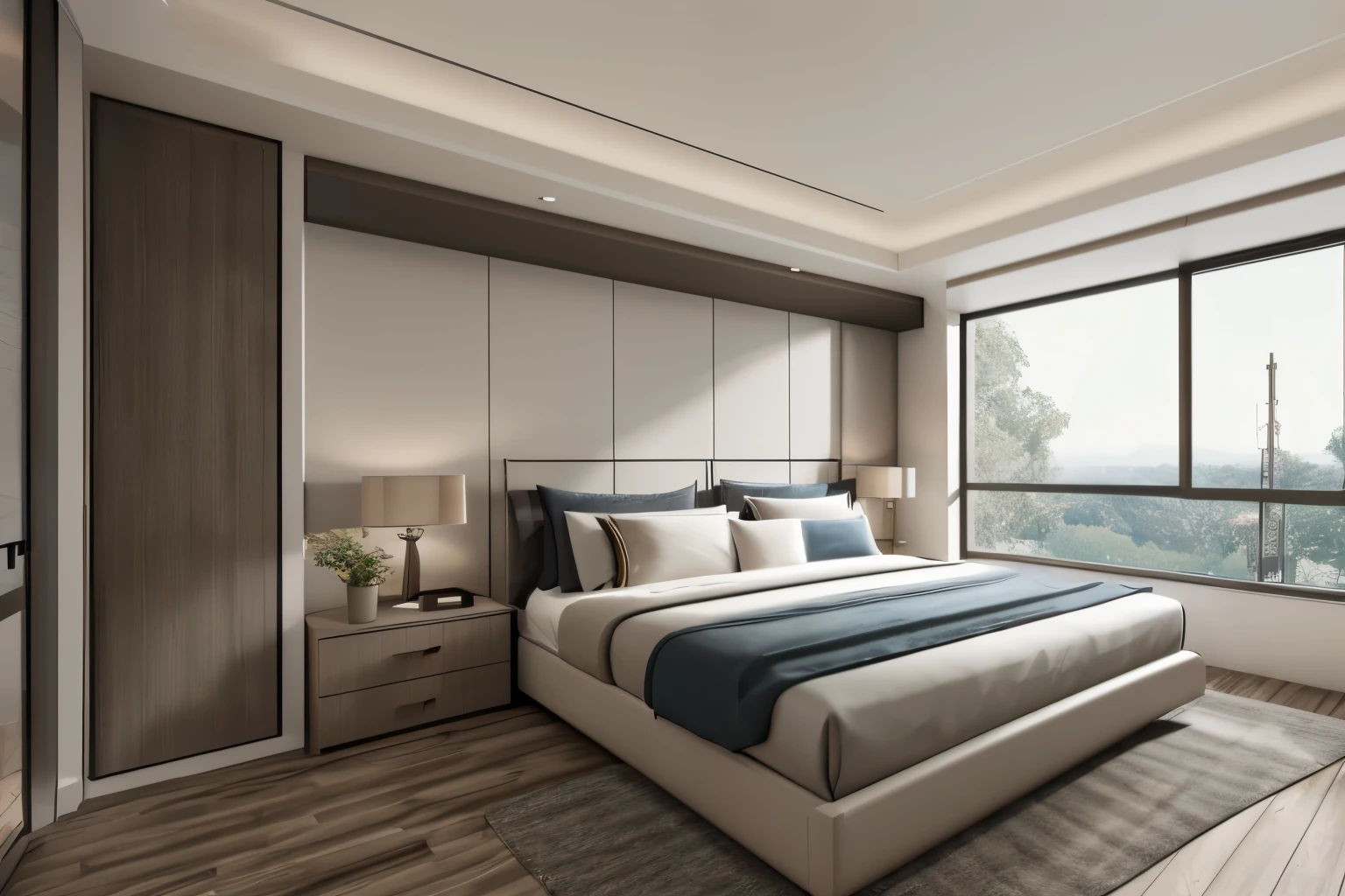 there is a bed in a bedroom with a large window, realistic physical rendering, archviz, rendered in vray, rendered in povray, detailed archviz render, natural window lighting, bedroom, floor - to - ceiling windows, natural light in room, rendered in unreal engine 5, photorealistic room, rendered in corona, hyper-realistic render