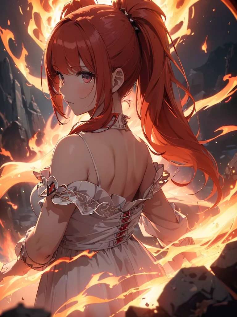 (((best quality, sharp image, clear image, cinematic lighting, 8k resolution, masterpiece, ultra detailed, intricate))) Girl, (((looking over right shoulder))), (shot from behind), ((half shot)), fiery red hair, pigtails, (white dress), ((flaming sigils, flaming runes)), spiky rock formations, flaming lotus flowers, busy background, (swirling flames).