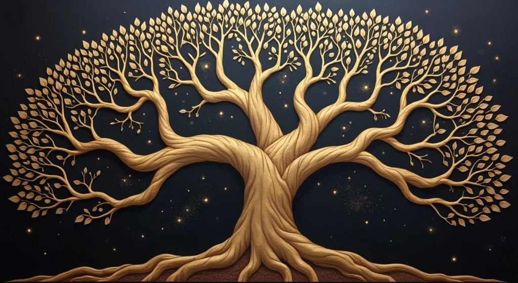 a tree with a black background and a golden tree, 3D metallic leaves, golden sacred tree, the tree of Life, tree of Life, cosmic tree of life, ancient tree, Fantasy Tree, rich tree, highly detailed fine art, complex organic painting, highly detailed painting, the world tree, tree of Life seed of doubt, cosmic tree, magic tree
