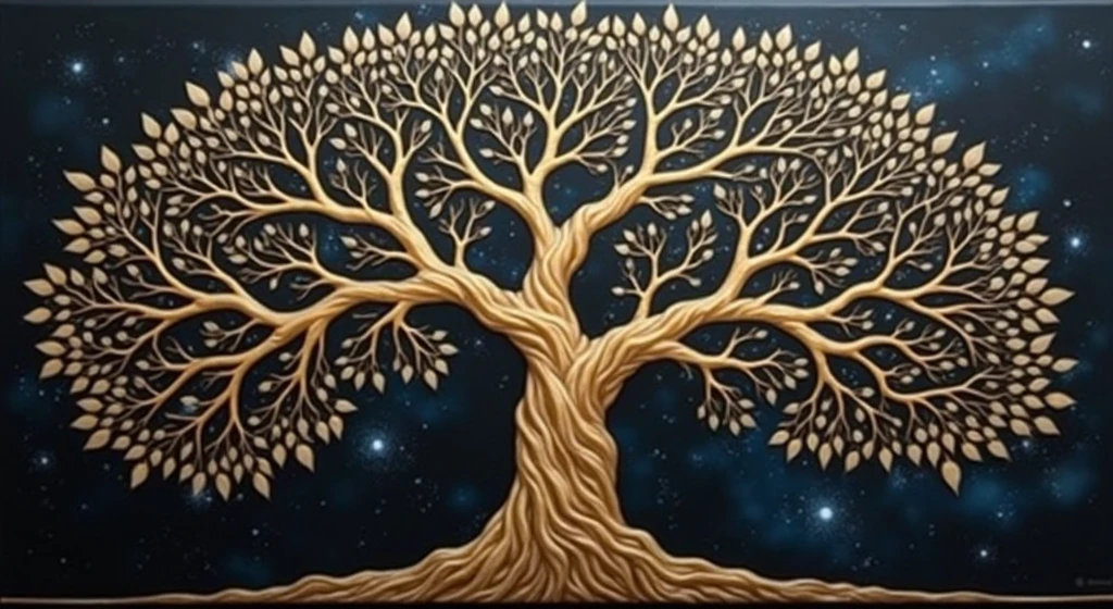 a tree with a black background and a golden tree, 3D metallic leaves, golden sacred tree, the tree of Life, tree of Life, cosmic tree of life, ancient tree, Fantasy Tree, rich tree, highly detailed fine art, complex organic painting, highly detailed painting, the world tree, tree of Life seed of doubt, cosmic tree, magic tree