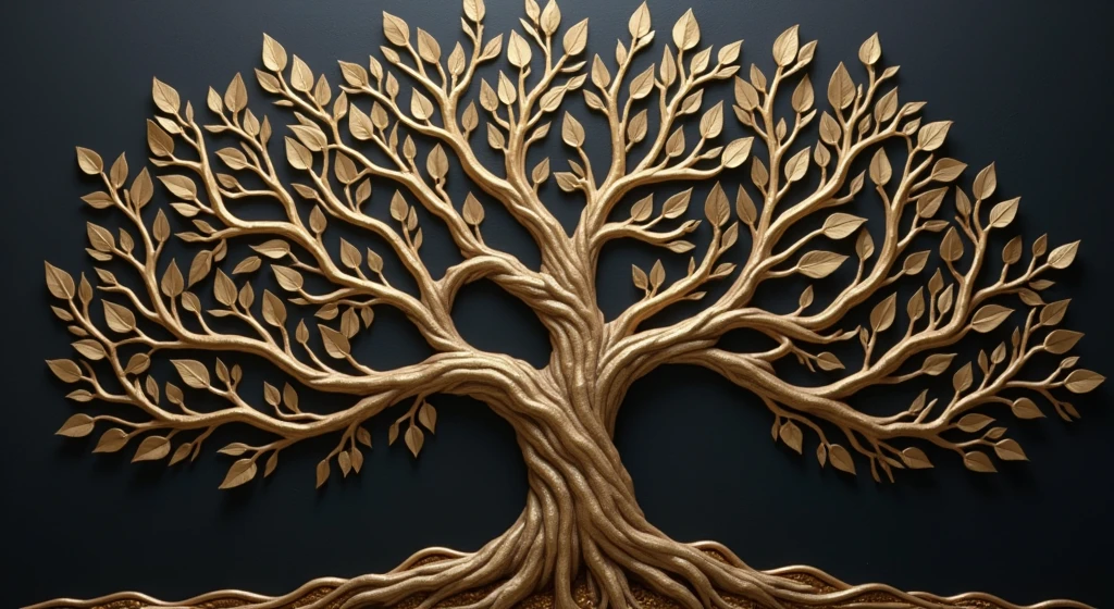 a tree with a black background and a golden tree, 3D metallic leaves, golden sacred tree, the tree of Life, tree of Life, cosmic tree of life, ancient tree, Fantasy Tree, rich tree, highly detailed fine art, complex organic painting, highly detailed painting, the world tree, tree of Life seed of doubt, cosmic tree, magic tree