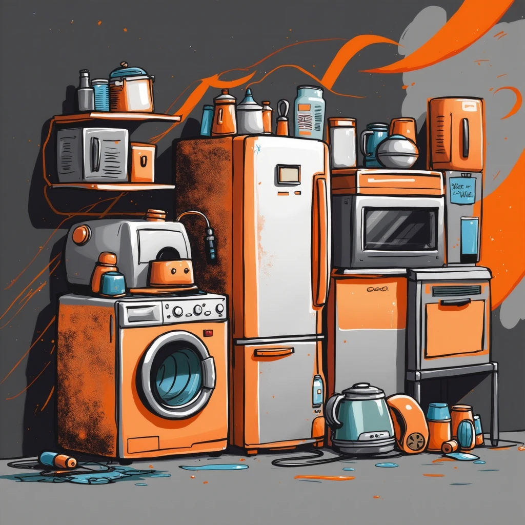 appliances, regale, display case, orange lines, black and gray background, industrial, banner horizontal, cartoonized, paint flecks, blue symbol in "in" image elements