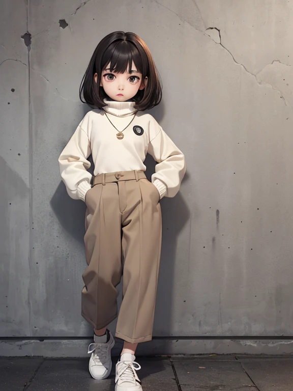 Appearance of an 8-9 year old girl(flat chest:1.5), fragile physique, whole body, height 118 cm. Thin, whitish, dry skin(pale skin:1.5). skinny, semi-long, but thin and weak black hair, constantly falling on the face. Deep set black(very dark brown) eyes, plump chapped lips, large nose. Long thin fingers, a large, bulky, grey turtleneck sweater, wide beige trousers with lots of patch pockets, miniature-sized, worn grey sneakers. There is an acorn pendant on the neck.
Unemotional, shameless, free pose, Against the background of a concrete wall