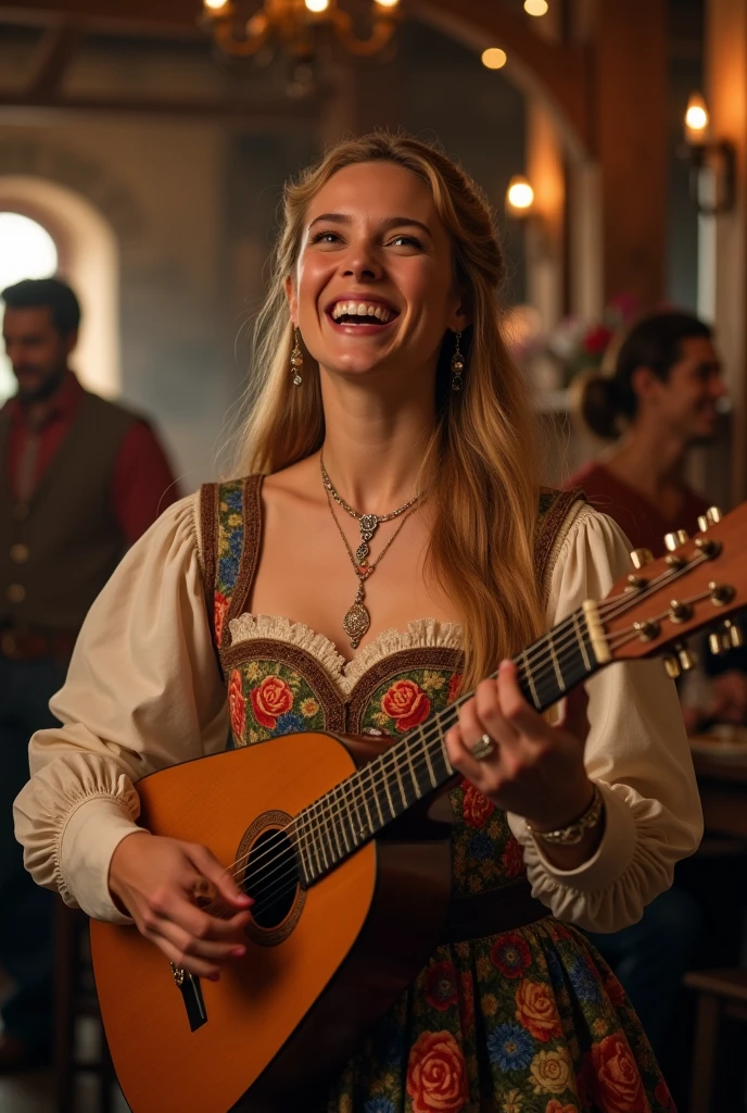 margot_robbie, highly detailed photo of a medieval service woman, smiling, long hair, necklace, medieval clothes, flowers, music, (singing), ring, jewelry, flowery skirt, playing lute, medieval tavern, (masterpiece, best quality, ultra-detailed, best shadow), high contrast, (best illumination), ((cinematic light)), colorful, hyper detail, dramatic light, intricate details, (1 girl, solo) , ultra detailed artistic photography, dreamy, backlit, shadows, ultra high definition, 8k, ultra sharp focus, ultra high quality model, soft lighting, film photography, analogue photography, hyperrealism,, ((sharp face, detailed face, realistic face, naturtal skin, realistic skin, detailed skin, pores, detailed eyes,realistic eyes)),