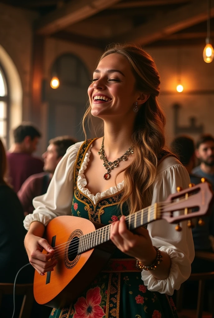 margot_robbie, highly detailed photo of a medieval service woman, smiling, long hair, necklace, medieval clothes, flowers, music, (singing), ring, jewelry, flowery skirt, playing lute, medieval tavern, (masterpiece, best quality, ultra-detailed, best shadow), high contrast, (best illumination), ((cinematic light)), colorful, hyper detail, dramatic light, intricate details, (1 girl, solo) , ultra detailed artistic photography, dreamy, backlit, shadows, ultra high definition, 8k, ultra sharp focus, ultra high quality model, soft lighting, film photography, analogue photography, hyperrealism,, ((sharp face, detailed face, realistic face, naturtal skin, realistic skin, detailed skin, pores, detailed eyes,realistic eyes)),