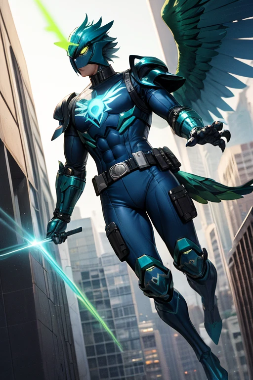 ((best quality)), ((masterpiece)), (detailed), 1 male, full body, 25 years old, blue head, uncovered mouth, blue biker helmet, black collar, tall, thin, black details, a green parrot with a blue head on his side, metallic wings, wings on his suit, blue fingerless gloves, blue wrist guards, luminous blue wings that shoot lasers, blue suit resembling light armor, blue suit with an emblem, completely green chest, emblem on his chest, green pants, deployable bird tail, metallic feathers, gray knee pads, metallic gray boots, metallic bird claws, black superhero belt, flying through the city, midday city background, anime