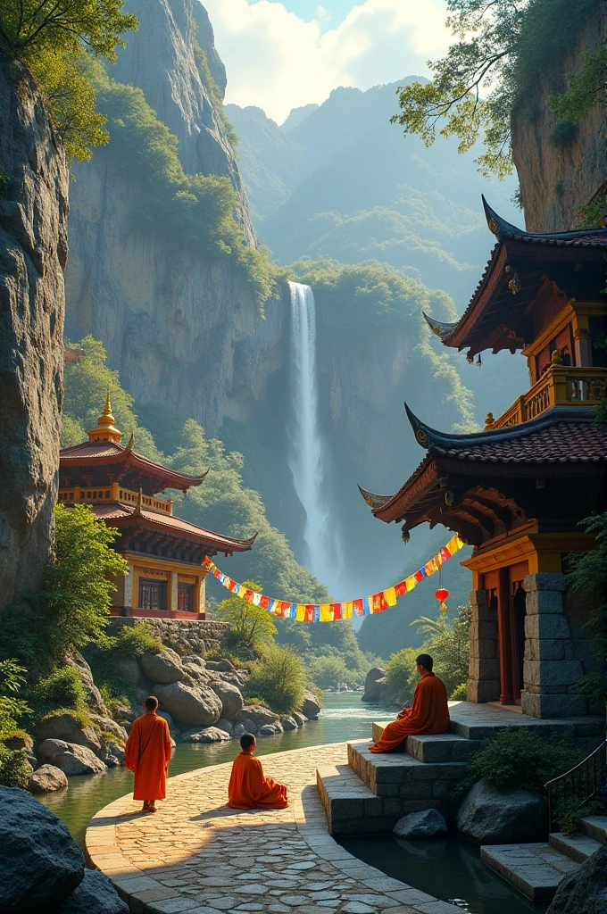 Buddhist monestry mountain waterfall