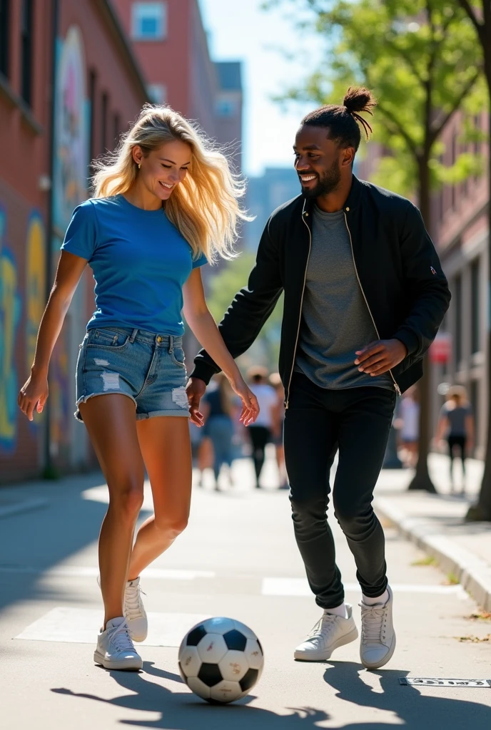 Anime young blonde woman in blue t-shirt and blue jeans shorts playing street football with African American man in black jacket and black pants 