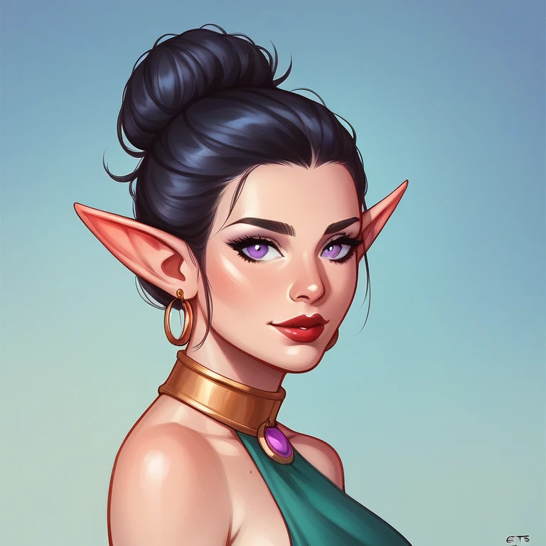 btd,1 girl, goblin, elf, _female,(work of art, detailed back ground, best qualityer), long shiny hair, black hair tied up in a high bun, slave clothes, pretentious smile, juicy lips, Red lips, perfects eyes, purple eyes, greenish skin.