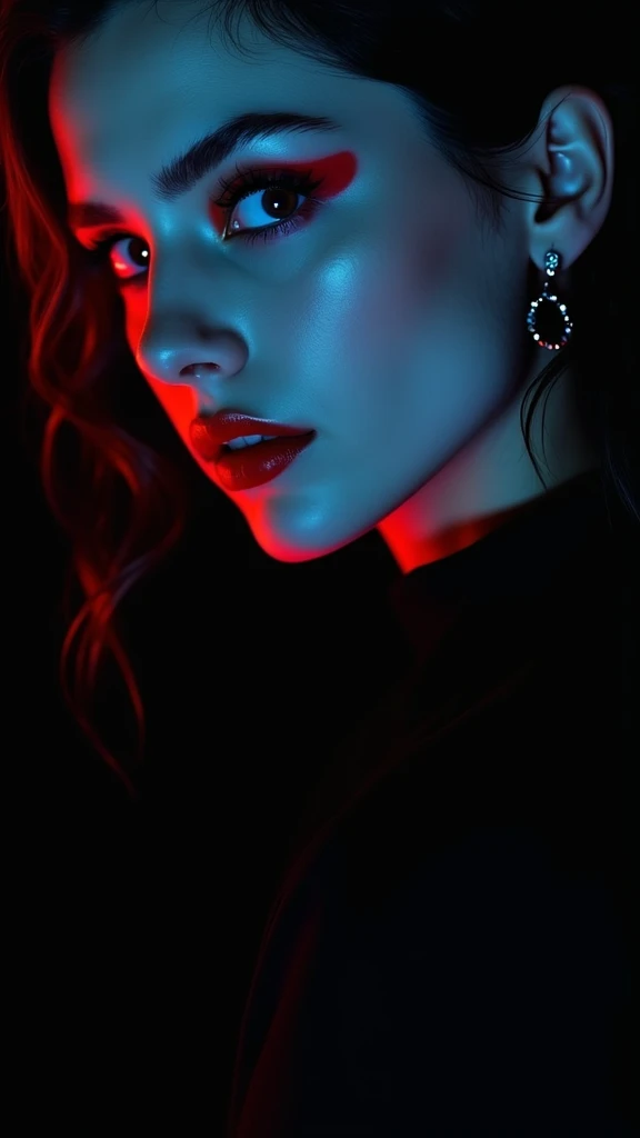 ( masterpiece,black background :1.5) , 8k , (atmospheric depth:1.2) , (vivid illuminlation:1.2) , (enchanting elegance:1.2) , The image appears to depict a stylized and dramatic portrait of a young woman with a striking appearance. Her face is cast in a blue tone, while her lips and hair are highlighted in a vibrant red. The dramatic lighting and color contrasts create a moody and atmospheric feel to the image. The woman's intense gaze and subtle expression suggest a sense of mystery and introspection. Overall, the image has a captivating and visually striking quality that draws the viewer in. , portrait ,