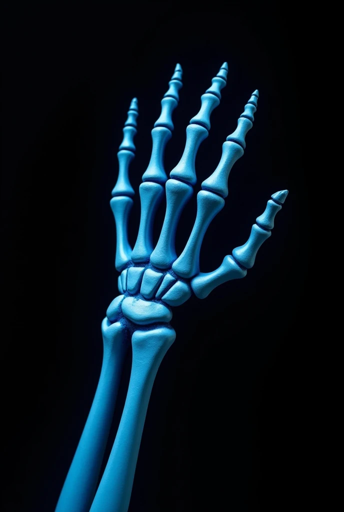 a blue skeletal hand pointing on a black background