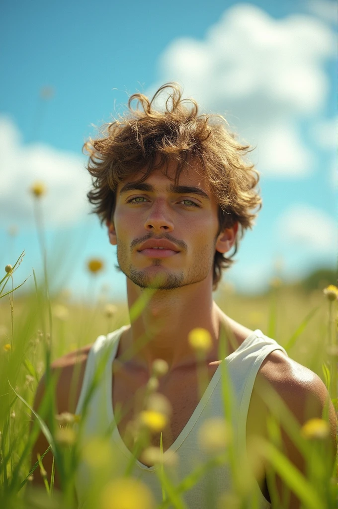 A man with a sweet face like a fair-skinned woman sits amidst a field of green grass under a cerulean blue sky, looking directly at this direction.