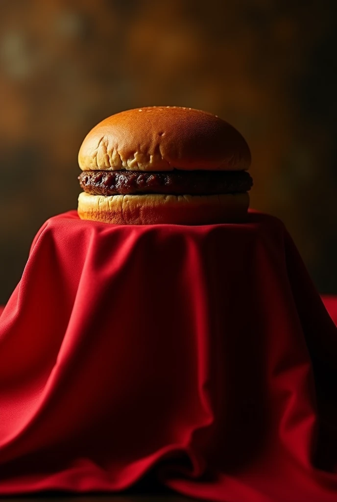 Generate an image where you can see the silhouette of a hamburger covered with a silky red cloth.