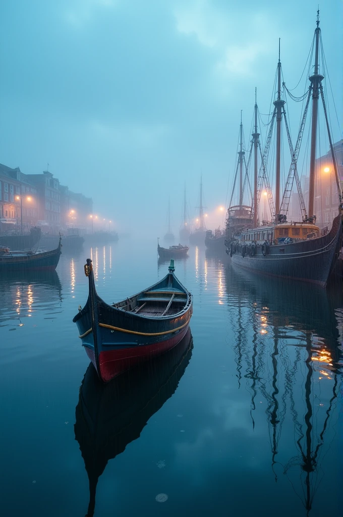 harbor, pale blue hour, surreal, detailed, peaceful, rain --style raw --v 6.1
