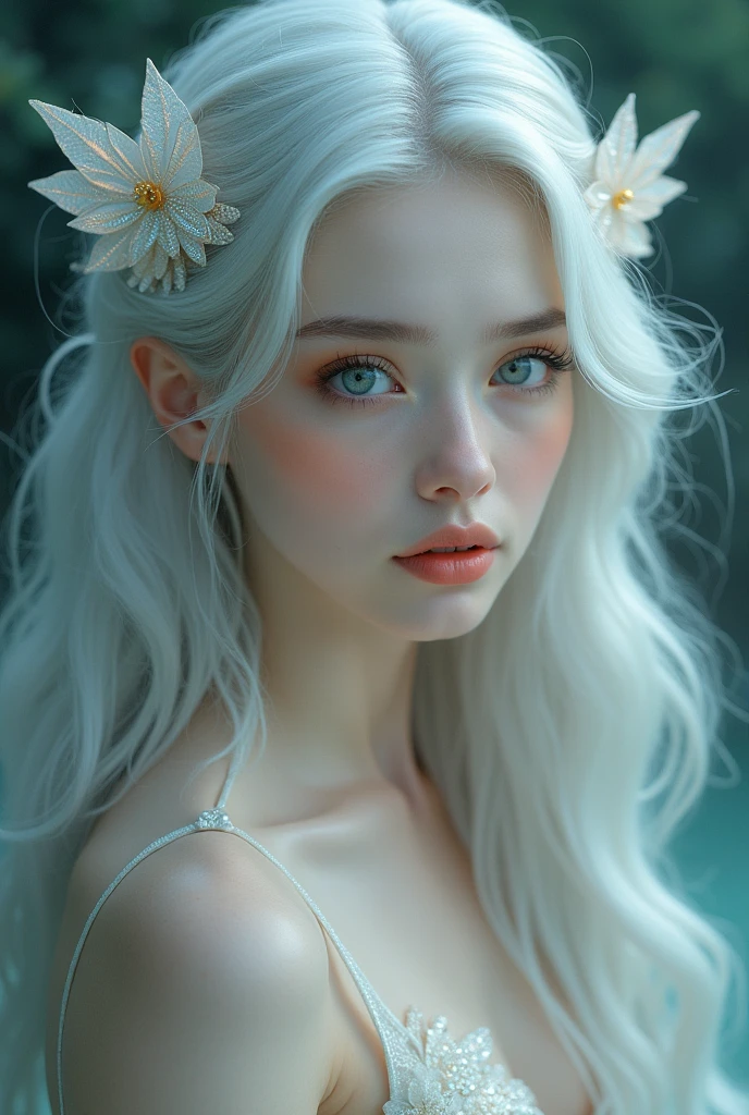 A mermaid with skin as pale as Chinese porcelain, long, wavy hair like pure silver, large, white pearl-like eyes, and medium, full, reddish lips.. She has pearly white scales on the side of her face and fins instead of ears.. Focusing only on the woman's face as described. 