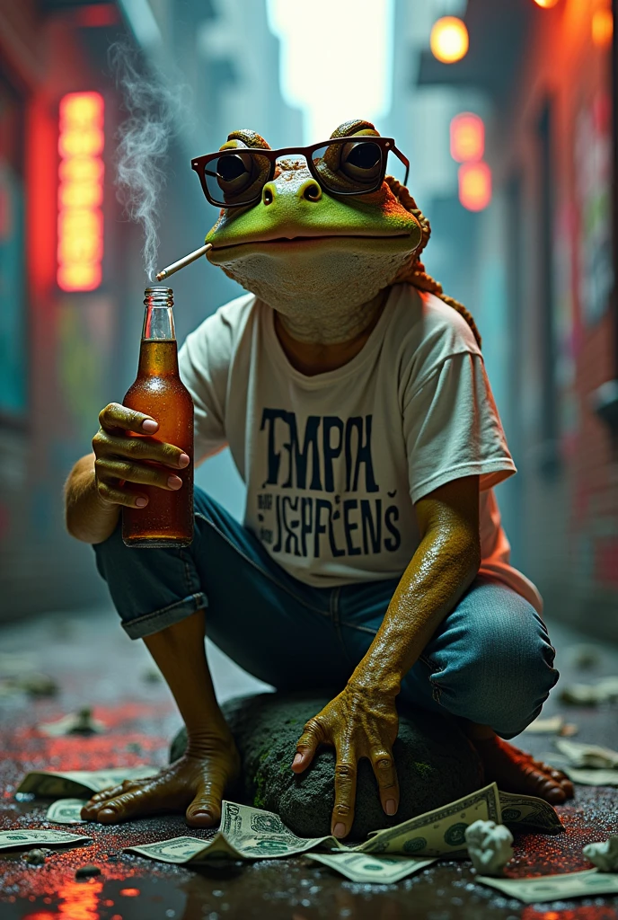 An easy-to-draw image of a toad that is a young man from 2024 who smokes, drinks alcohol, wastes money, and has bad thoughts 