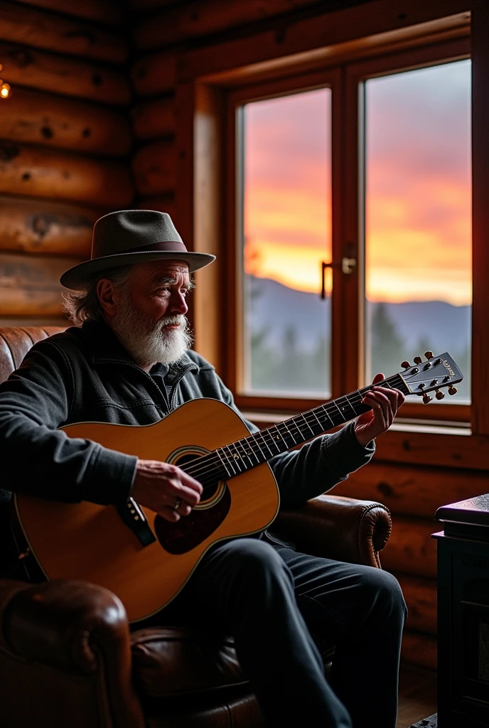 A 70-year-old man with gray hair and beard, wearing a hat that partially covers his face, playing guitar in front of a wood-burning stove and a window showing a beautiful sunset