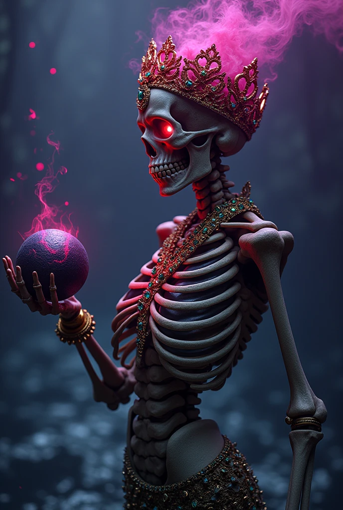 a mermaid skeleton, in a dark and intimidating ocean with violet hues. on her neck gold jewelry and emerald stones, on her head a scarlet crown and her hand a black energy ball... at the bottom of her eye sockets glows a red and intimidating light