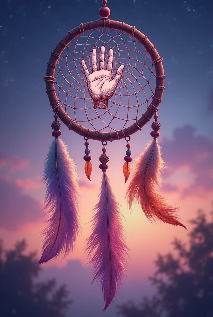 a dream catcher with a hand drawn in the middle