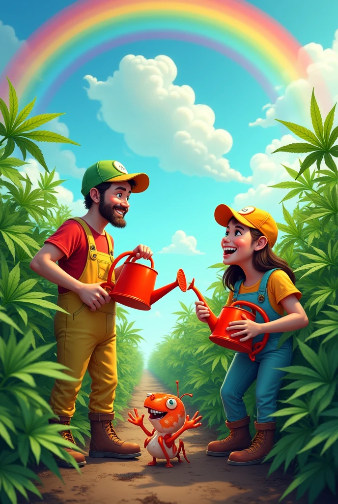 Cartoon, whimsical scene of a cannabis farm. Farmers, dressed as gardeners, are watering plants with a watering can shaped like a fish. Big, friendly shrimp are fertilizing the soil. Bright, sunny day, rainbow, playful atmosphere. Organic