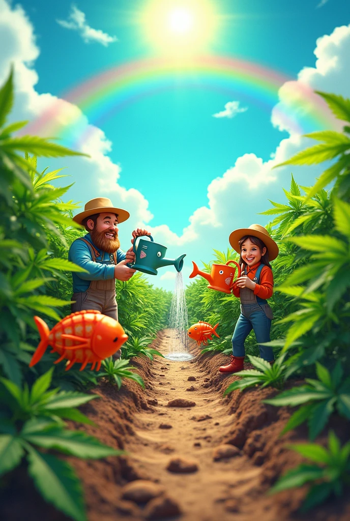Cartoon, whimsical scene of a ???????? farm. Farmers, dressed as gardeners, are watering plants with a watering can shaped like a fish. Big, friendly shrimp are fertilizing the soil. Bright, sunny day, rainbow, playful atmosphere. Organic