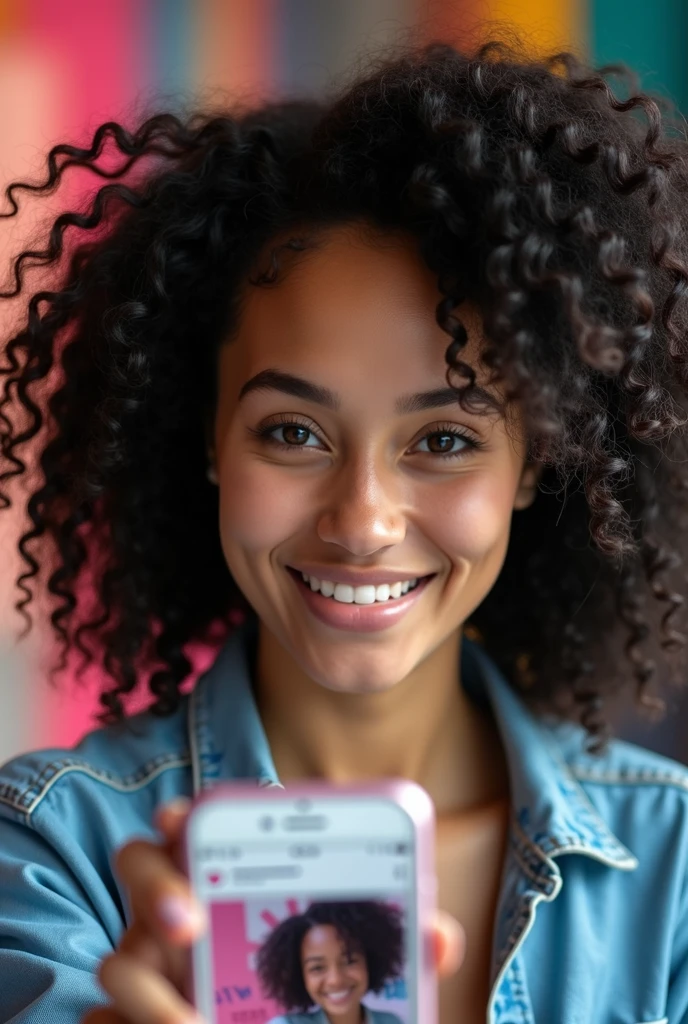 curly black hair, light brown skin tone, dark brown eyes and holding an iPhone. The background of the image is a social media profile page with the username "Christiane Limpclean" and a and a matching profile picture + 