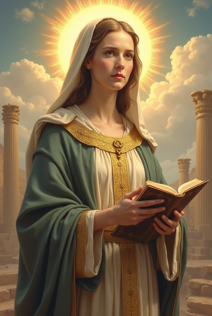 A portrait of Saint Catherine of Alexandria with the elements that surround her story, as a Christian martyr. Portrait inspired by your icons with a delicate and simple touch.