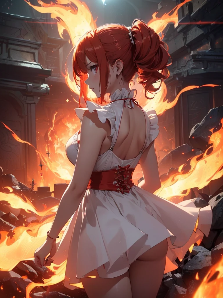 (((best quality, sharp image, clear image, cinematic lighting, 8k resolution, masterpiece, ultra detailed, intricate))) Girl, (((looking over right shoulder))), (shot from behind), ((half shot)), fiery red hair, pigtails, (white dress), ((flaming sigils, flaming runes)), spiky rock formations, flaming lotus flowers, busy background, (swirling flames).